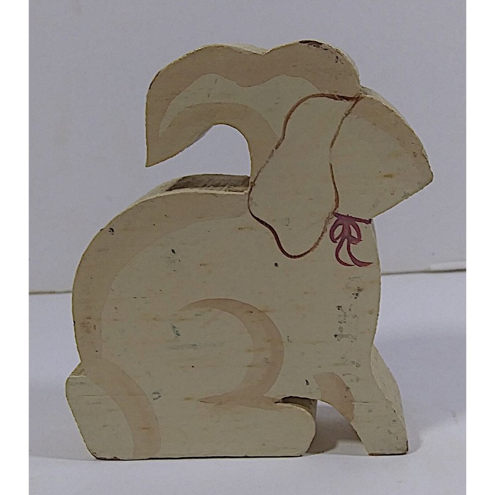 Vintage Wood Bunny Figurine 3in Cut Out Painted Bow Rabbit Figure Easter